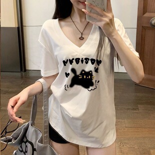 薄款 2026新款 t恤女生V领宽松棉麻半袖 300斤大码 上衣 白色冰丝短袖