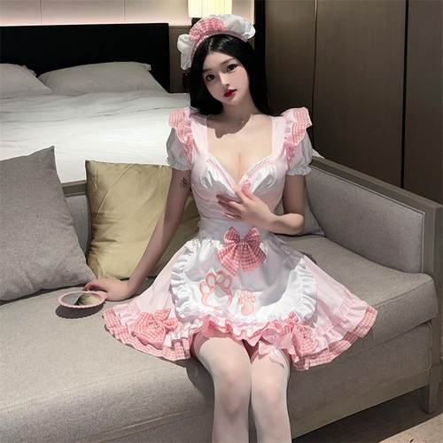 Cosplay女仆装粉色女佣制服露肩lolita洛丽塔大码性感纯欲连衣裙