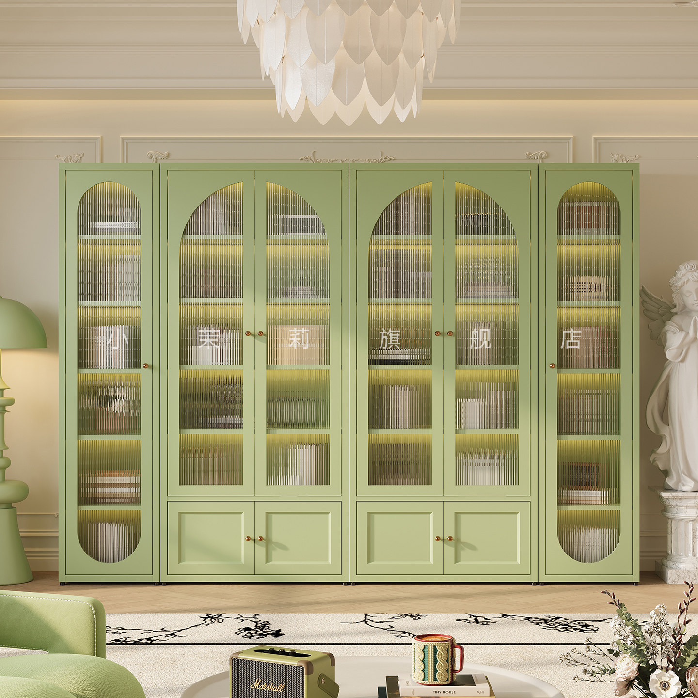 法式奶油风无甲醛铁艺书柜家用书架带玻璃门整墙组合落地柜展示柜