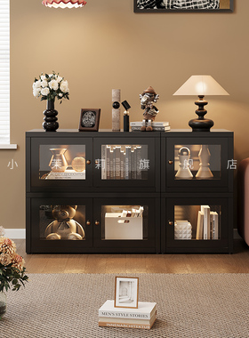 钢制书柜矮柜落地书架黑色复古风格子组合柜边柜收纳电视柜置物架