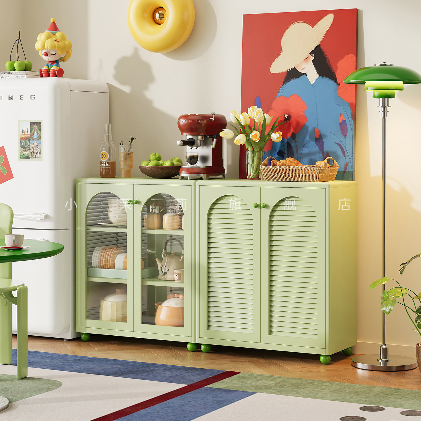 奶油中古风铁艺餐边柜咖啡机置物柜靠墙一体小户型家用客厅储物柜