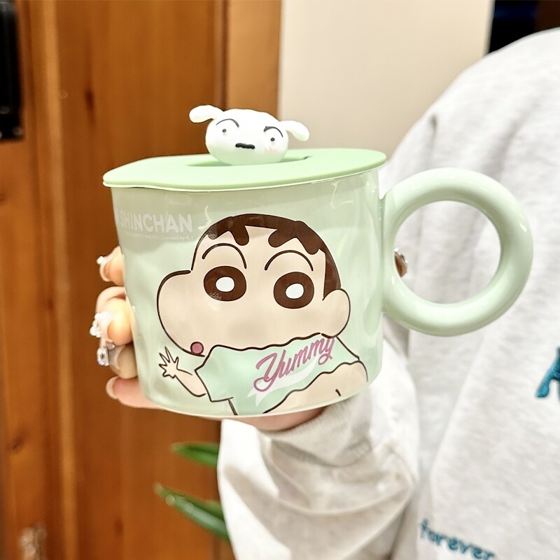 蜡笔小新马克杯可爱生日礼物水杯子陶瓷带盖杯办公室女高颜值轻奢