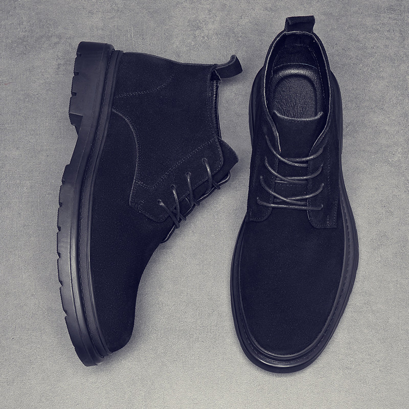 高帮男鞋春秋新款黑色翻毛真皮马丁靴男士冬季加绒中帮休闲皮鞋潮