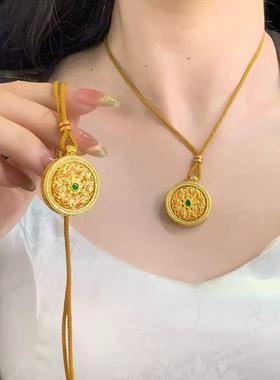 新款古法沙金珐琅绿色莲花项链花开富贵奢华轻奢优雅高级感项链