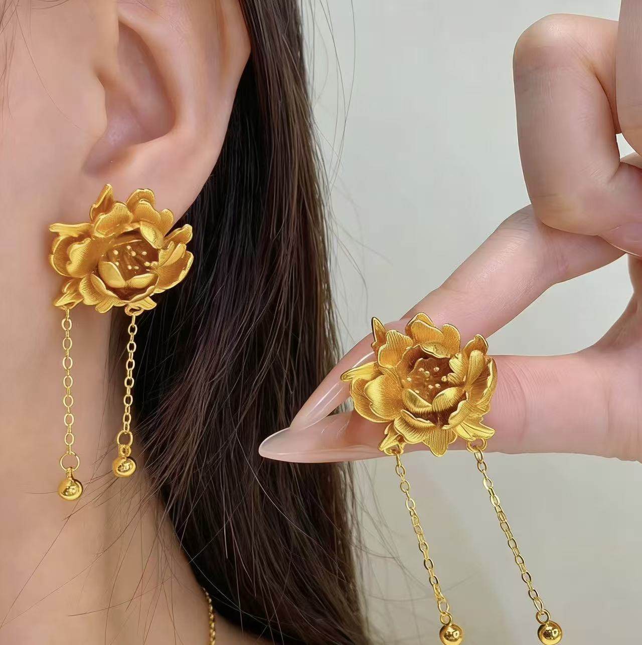 复古风新中式2026年新款古法沙金轻奢金色牡丹花流苏垂坠式耳钉,饰品/流行首饰/时尚饰品新,耳钉,淘宝优惠券,粉丝福利购,淘宝优惠卷