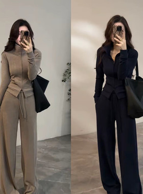 冬季穿搭一整套女加绒加厚保暖拉链立领开衫休闲抽绳阔腿裤两件套