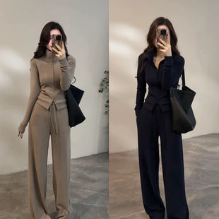 休闲抽绳阔腿裤 两件套 穿搭一整套女加绒加厚保暖拉链立领开衫 冬季