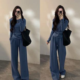 两件套潮 显瘦蓝色卫衣阔腿裤 巨好看秋冬穿搭一整套女时尚 休闲修身