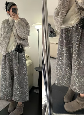 轻奢提花刺绣毛呢阔腿裤女冬季宽松百搭高腰显瘦休闲松紧腰八分裤