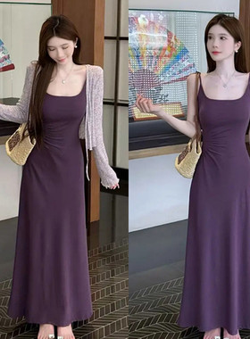 夏日绝美穿搭一整套女独有魅力紫色方领气质收腰显瘦连衣裙开衫
