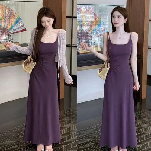 紫色方领气质收腰显瘦连衣裙开衫