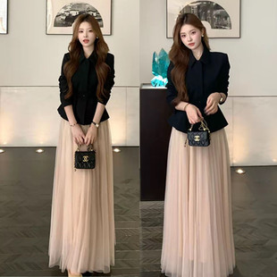 外套减龄网纱半身裙两件套潮 气质收腰显瘦西装 韩系穿搭套装 女秋季