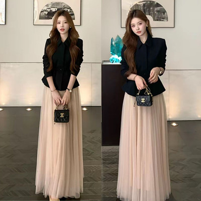 收腰显瘦西装外套减龄网纱半身裙