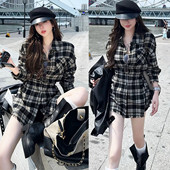 连衣裙女秋气质收腰显瘦开衫 时尚 复古宽松毛边格子POLO领衬衫 外套