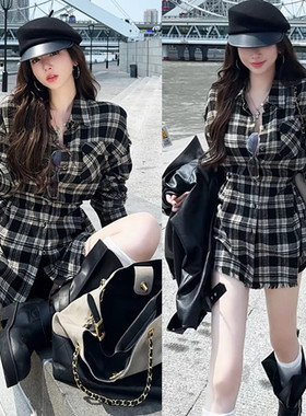 时尚复古宽松毛边格子POLO领衬衫连衣裙女秋气质收腰显瘦开衫外套