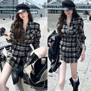 时尚复古宽松毛边格子POLO领衬衫连衣裙女秋气质收腰显瘦开衫外套