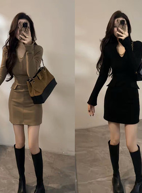御姐风时髦假口袋加绒V领连衣裙女秋冬收腰显瘦打底长袖包臀短裙