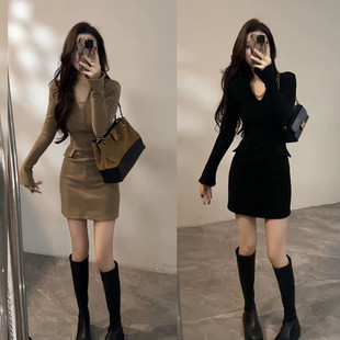 御姐风时髦假口袋加绒V领连衣裙女秋冬收腰显瘦打底长袖包臀短裙