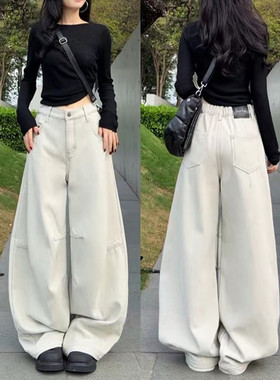 潮牌加绒加厚弯刀阔腿牛仔裤冬季百搭高腰宽松显瘦灰白色休闲长裤