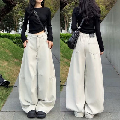 潮牌加绒加厚弯刀阔腿牛仔裤