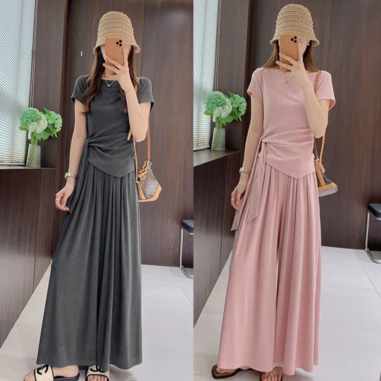 今年流行的时尚套装设计感绑带短袖T恤高腰休闲阔腿裤两件套夏女