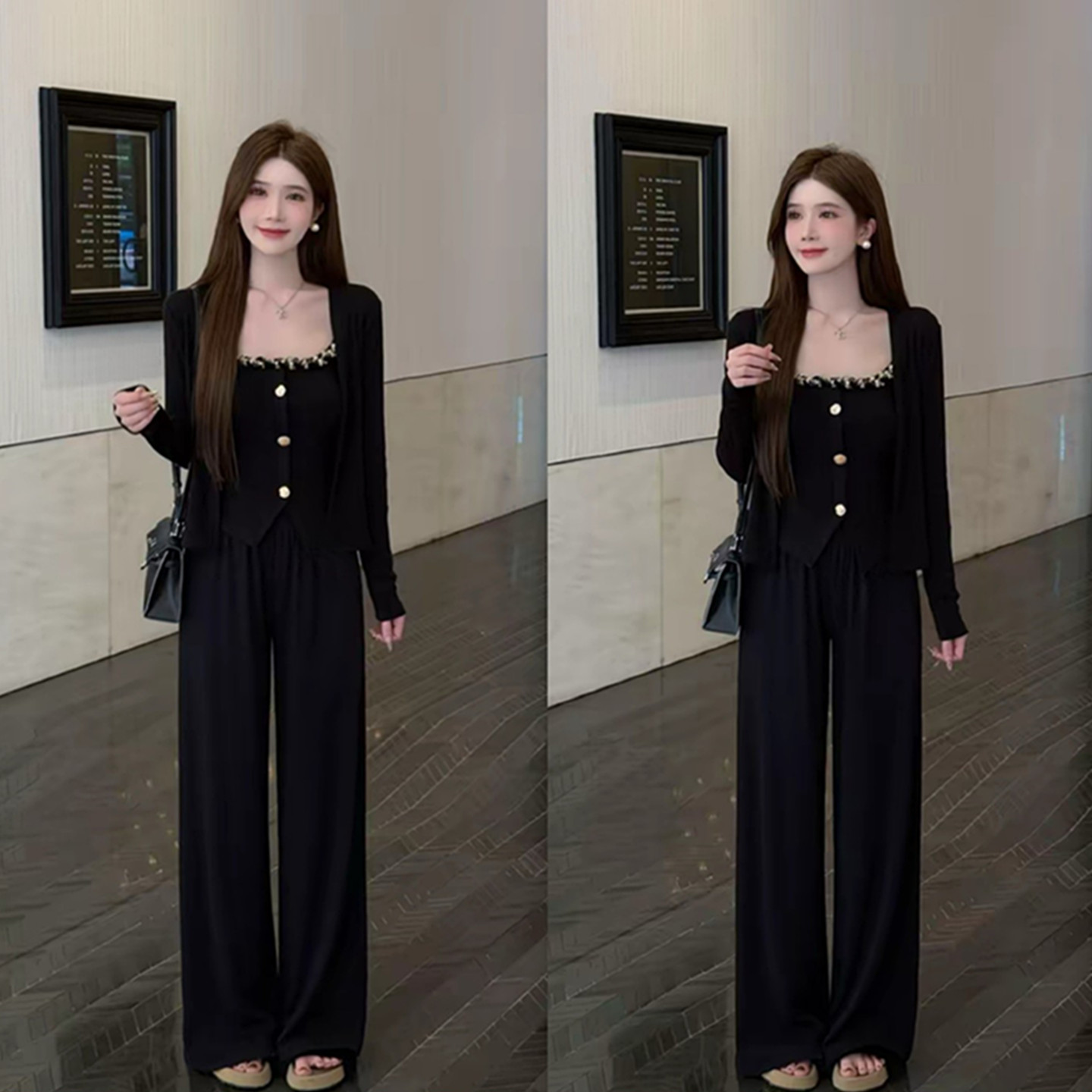 亮闪纽扣吊带长袖开衫直筒长裤