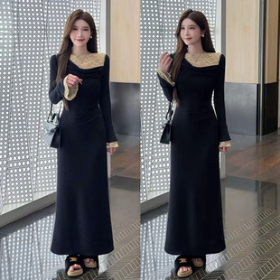 纯欲风加绒斜荡领蕾丝拼接长袖 连衣裙女秋冬气质褶皱收腰显瘦长裙