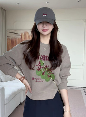 时尚字母印花番茄刺绣圆领卫衣女秋季宽松显瘦百搭休闲长袖上衣潮