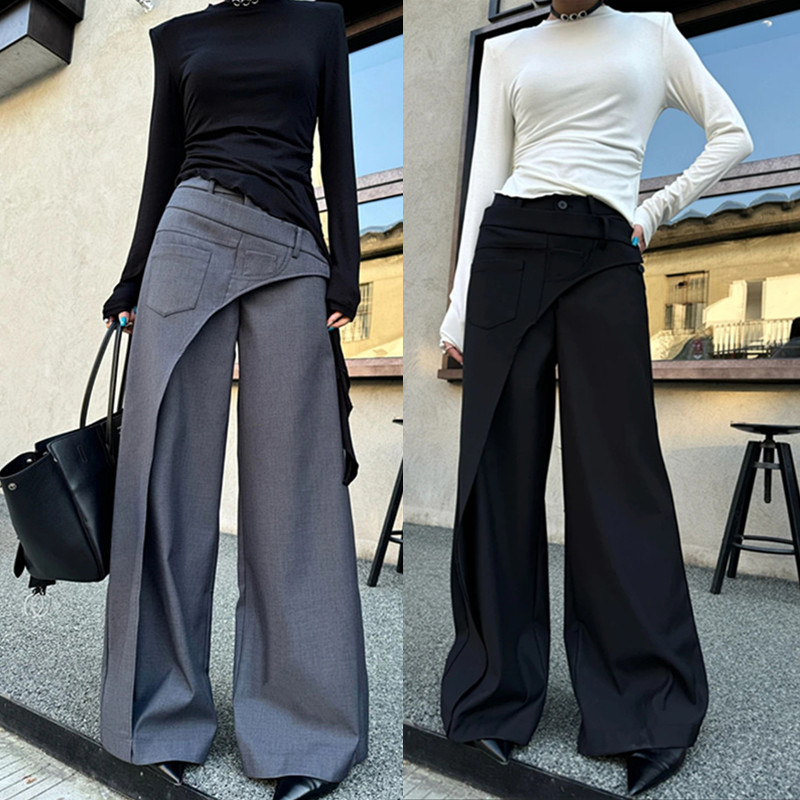 设计感不规则斜拼西装阔腿裤女春夏高腰显瘦宽松直筒拖地休闲长裤
