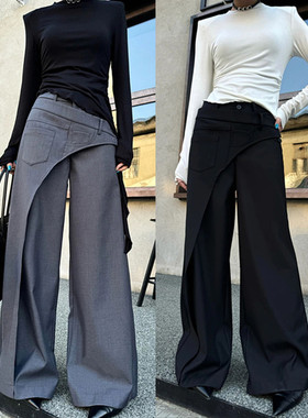 设计感不规则斜拼西装阔腿裤女春夏高腰显瘦宽松直筒拖地休闲长裤