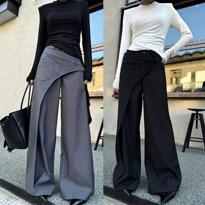 设计感不规则斜拼西装阔腿裤女