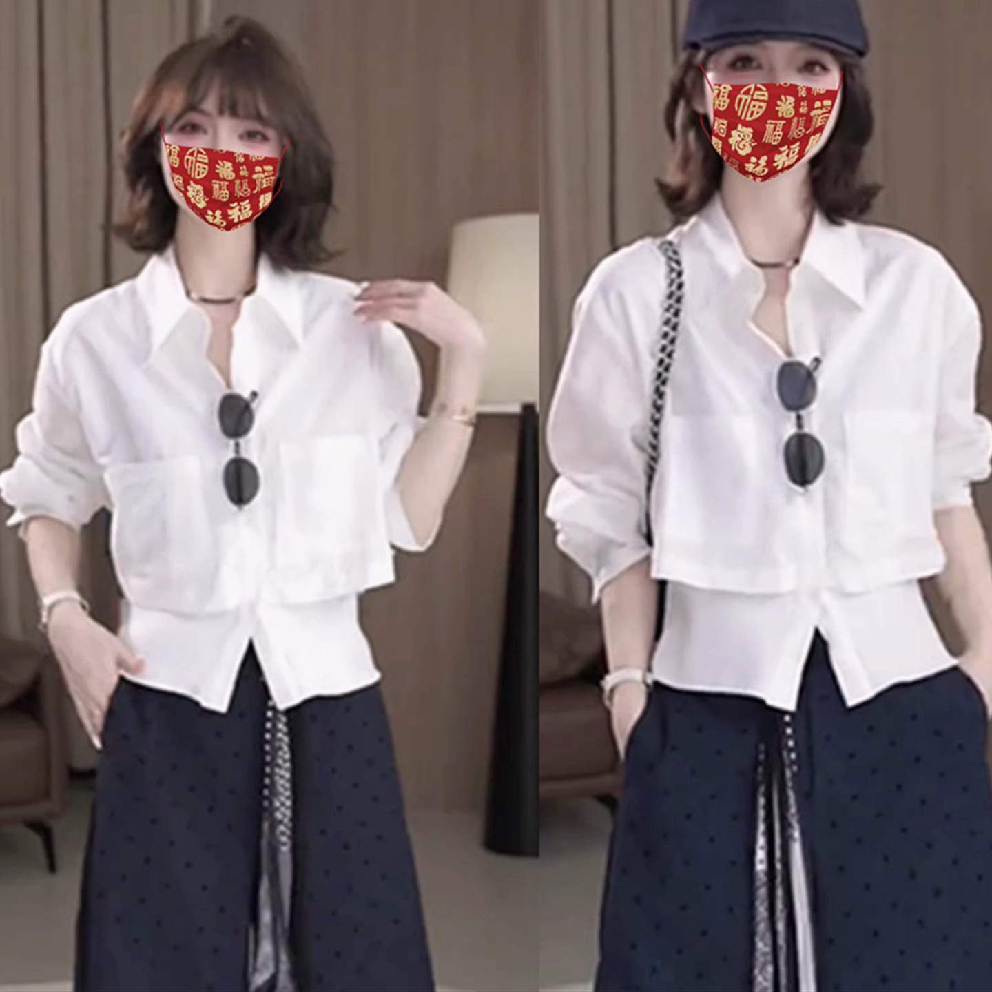 下摆拼接polo领假两件长袖衬衫