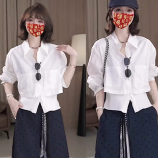 高级感下摆拼接polo领假两件长袖衬衫女秋季新款绝美别致显瘦小衫