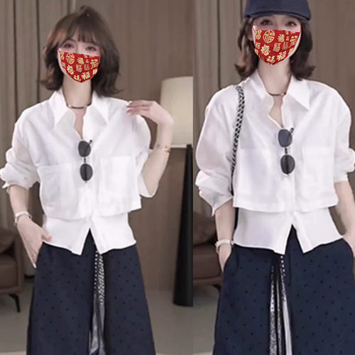 下摆拼接polo领假两件长袖衬衫