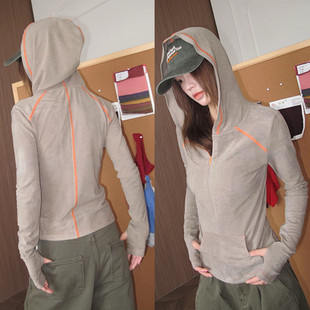 时尚明线撞色拉链长袖连帽卫衣女秋季百搭修身显瘦袋鼠兜拉链上衣