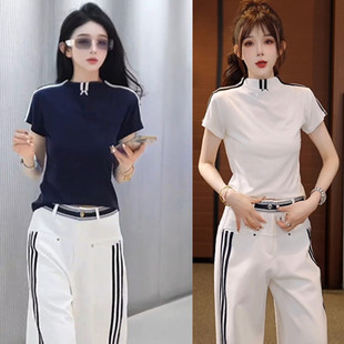 设计感条纹撞色立领短袖T恤女春夏韩系简约修身显瘦洋气百搭上衣