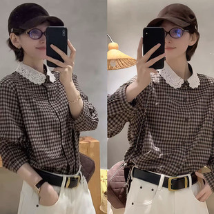 娃娃领蕾丝拼接格纹衬衫女春季气质减龄宽松显瘦独特磨毛长袖上衣