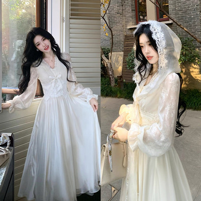 春季蕾丝多穿V领收腰显瘦连衣裙