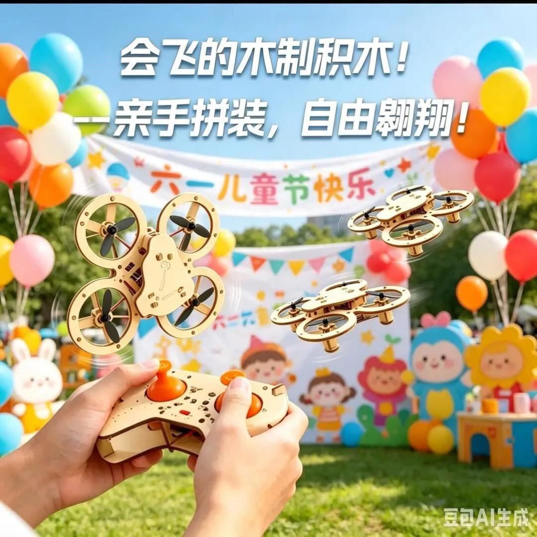 2026新款【六一礼物】木质拼装DIY四轴飞行器无人机模型亲子HP