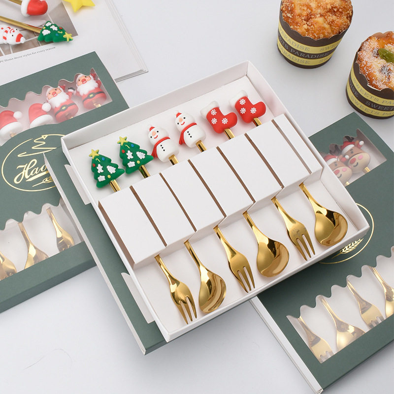 跨境圣诞勺叉套装 圣诞树甜品勺咖啡勺水果叉ins创意礼品餐具礼物
