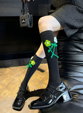 绿色毛线花朵袜子女春季纯棉小腿袜日系ins潮甜美学生黑白长筒袜