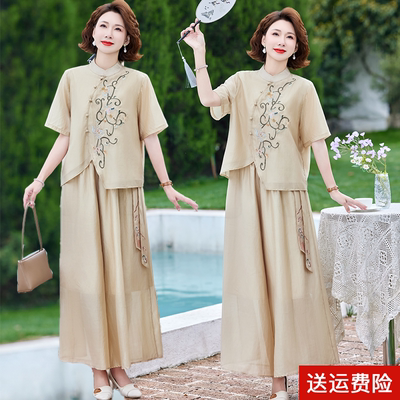 妈妈夏装套装洋气新中式2025新款中老年夏季短袖上衣裙裤两件套女