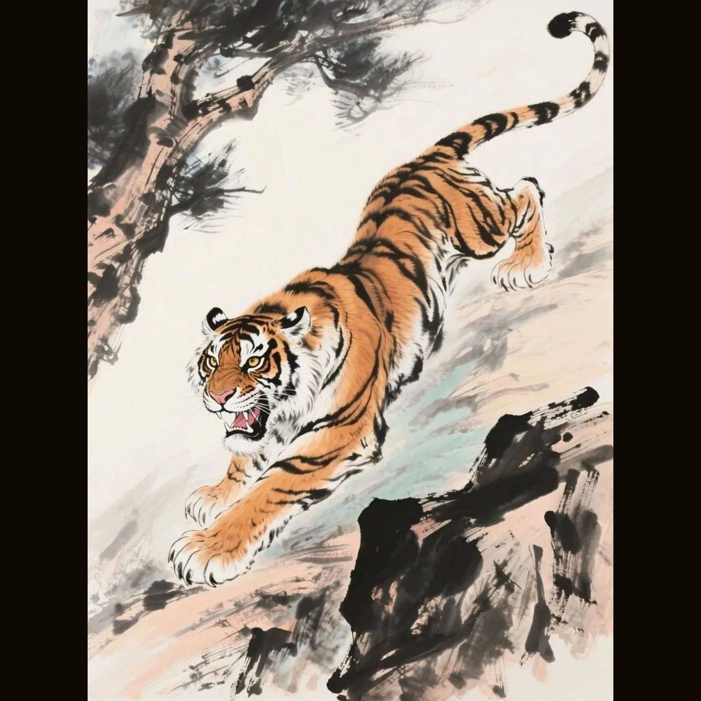 经典水墨风格老虎装饰画自粘装饰画客厅玄关过道办公室不干胶贴纸