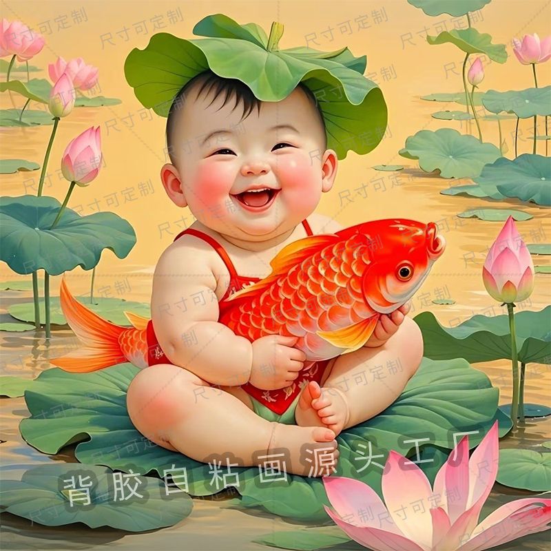 福娃抱锦鲤招财送福自粘画客厅玄关过道走廊房间备孕不干胶贴纸