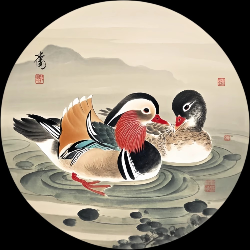 新中式圆形鸳鸯戏水装饰贴画客厅卧室卫生间创意自粘不干胶贴纸图片