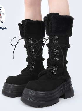 purple tiger【原创】新款日系亚文化马丁靴毛毛设计增高厚底靴