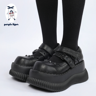 tiger 厚底鞋 夏季 7cm秋季 小众铆钉玛丽珍增高小皮鞋 purple