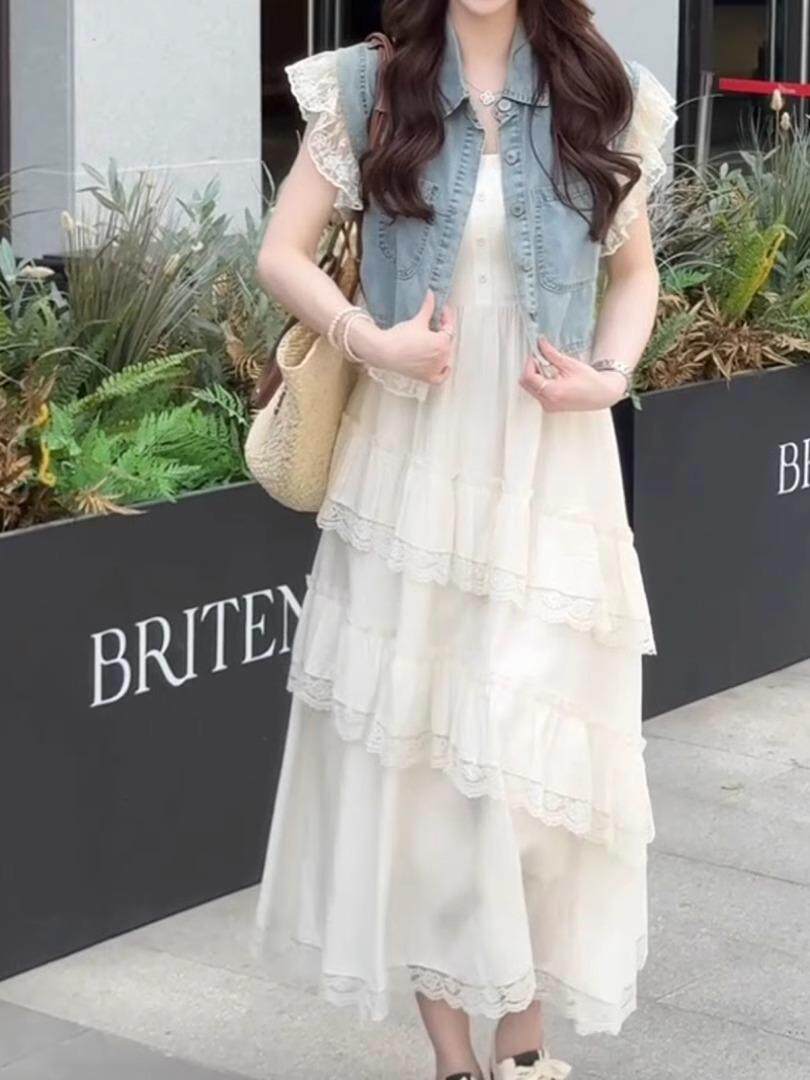 盐系轻熟风两件套女2026夏季新款蕾丝拼接牛仔马甲吊带连衣裙套装