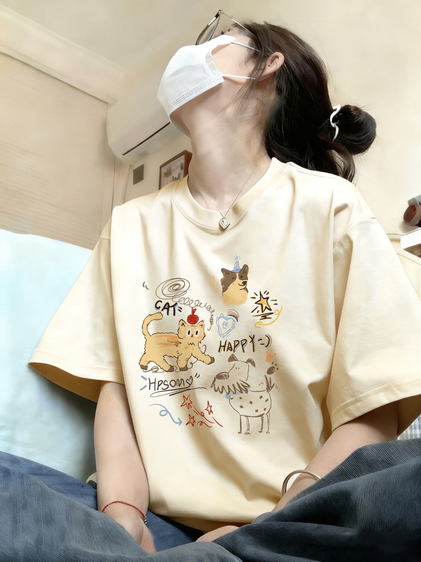 卡通纯棉白灰色短袖女t恤女夏季2026新款超好看上衣高级感打底衫