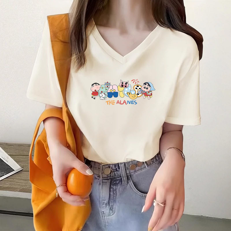 新款正肩纯棉印花短袖t恤女夏季新款白色卡通上衣打底衫